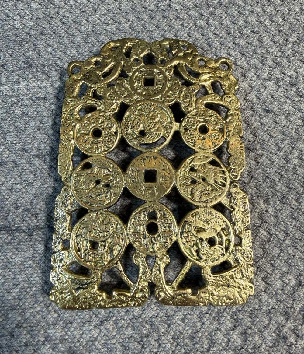 Solid Brass Trivet Asian Coins Birds Butterflies 6" x 4" KOREA